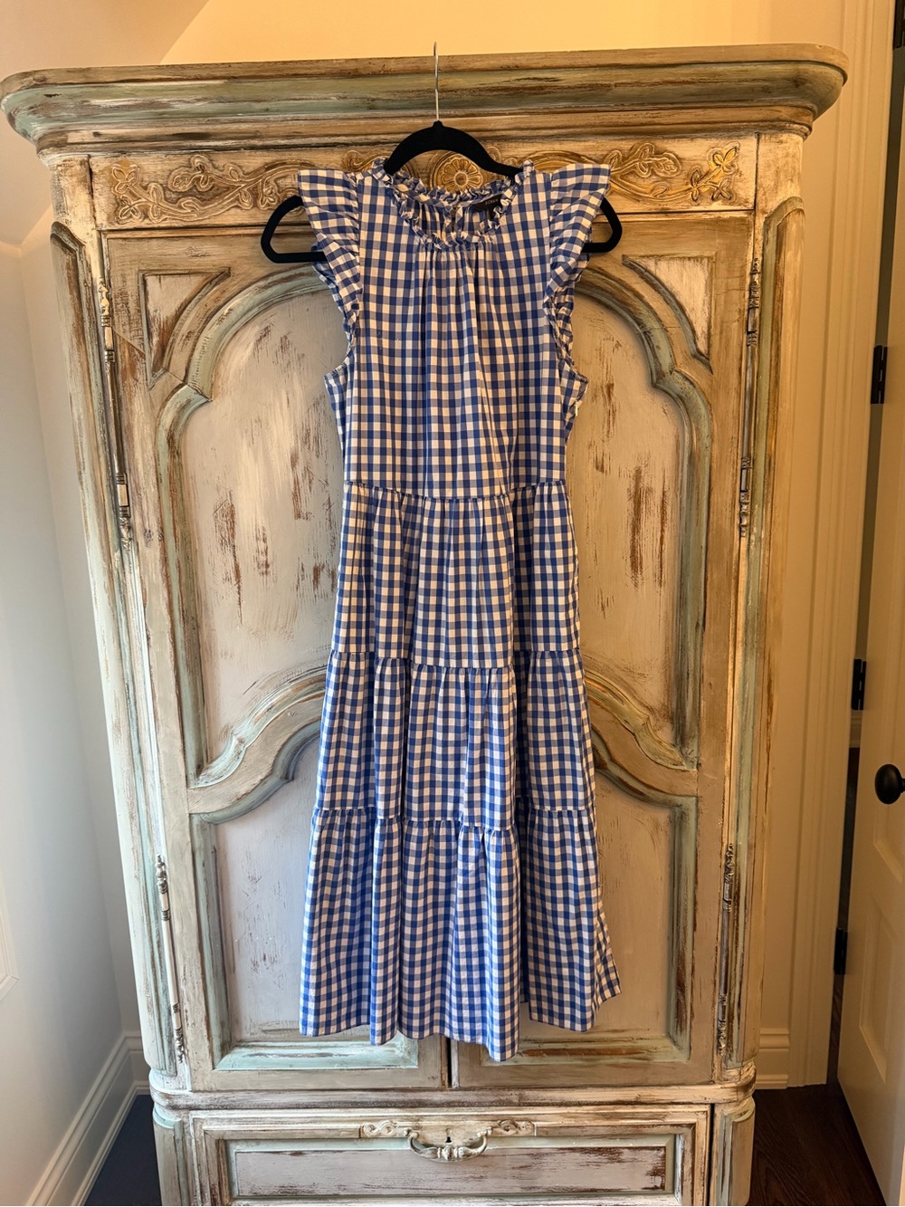 J. Crew Blue Gingham Tiered Midi Dress